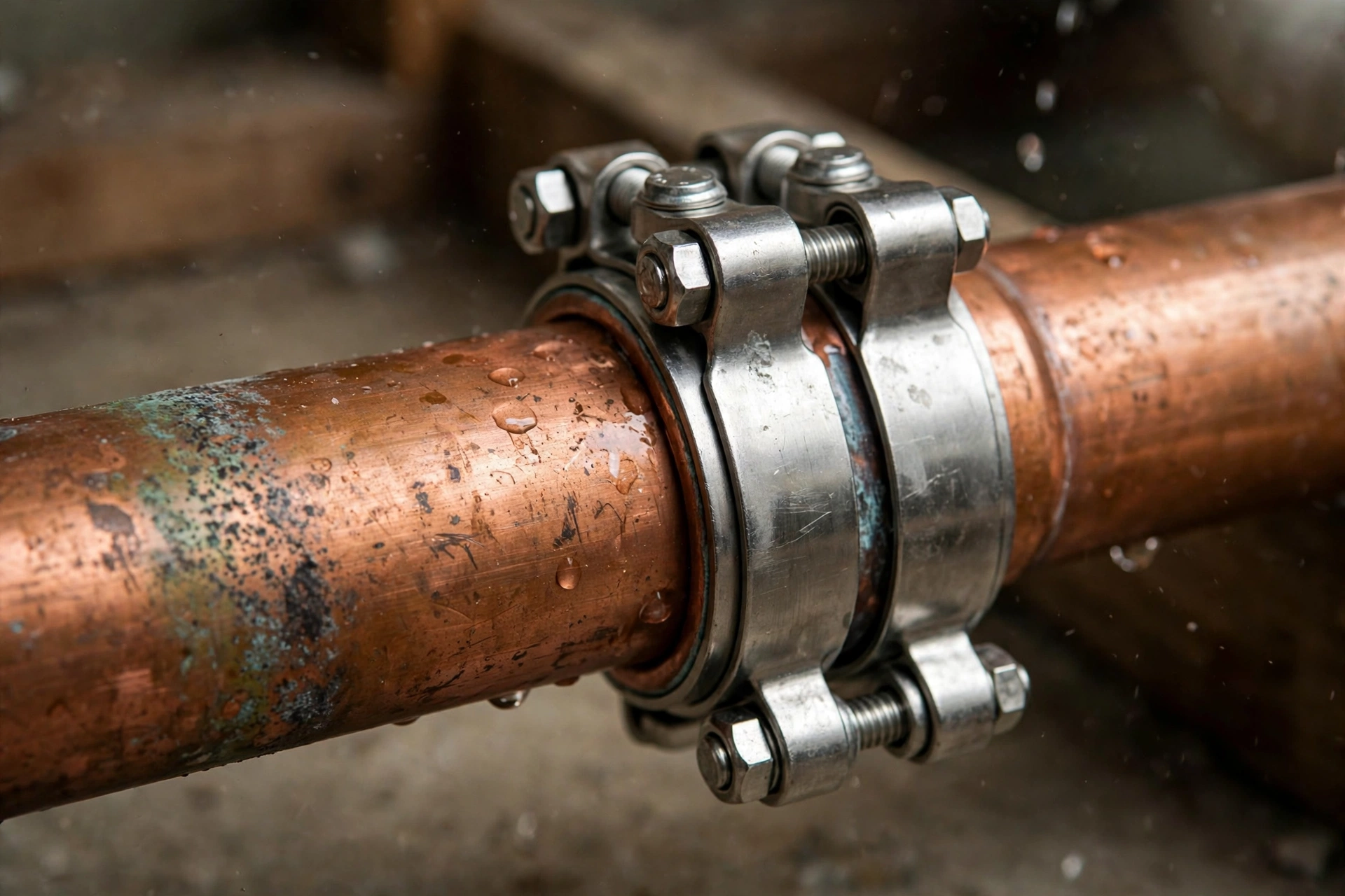 Copper water pipe with a stainless steel repair clamp installed