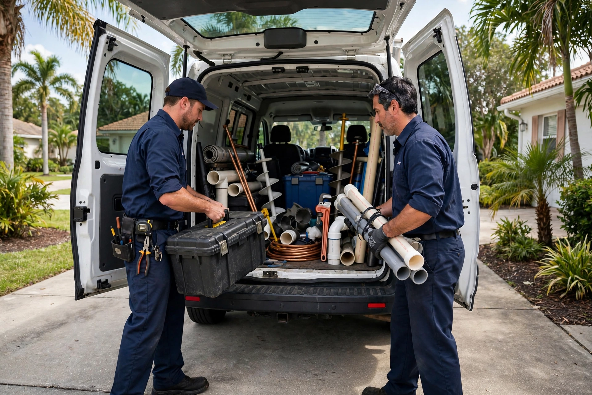 Two plumbers loading equipment into a service van in a Florida driveway
