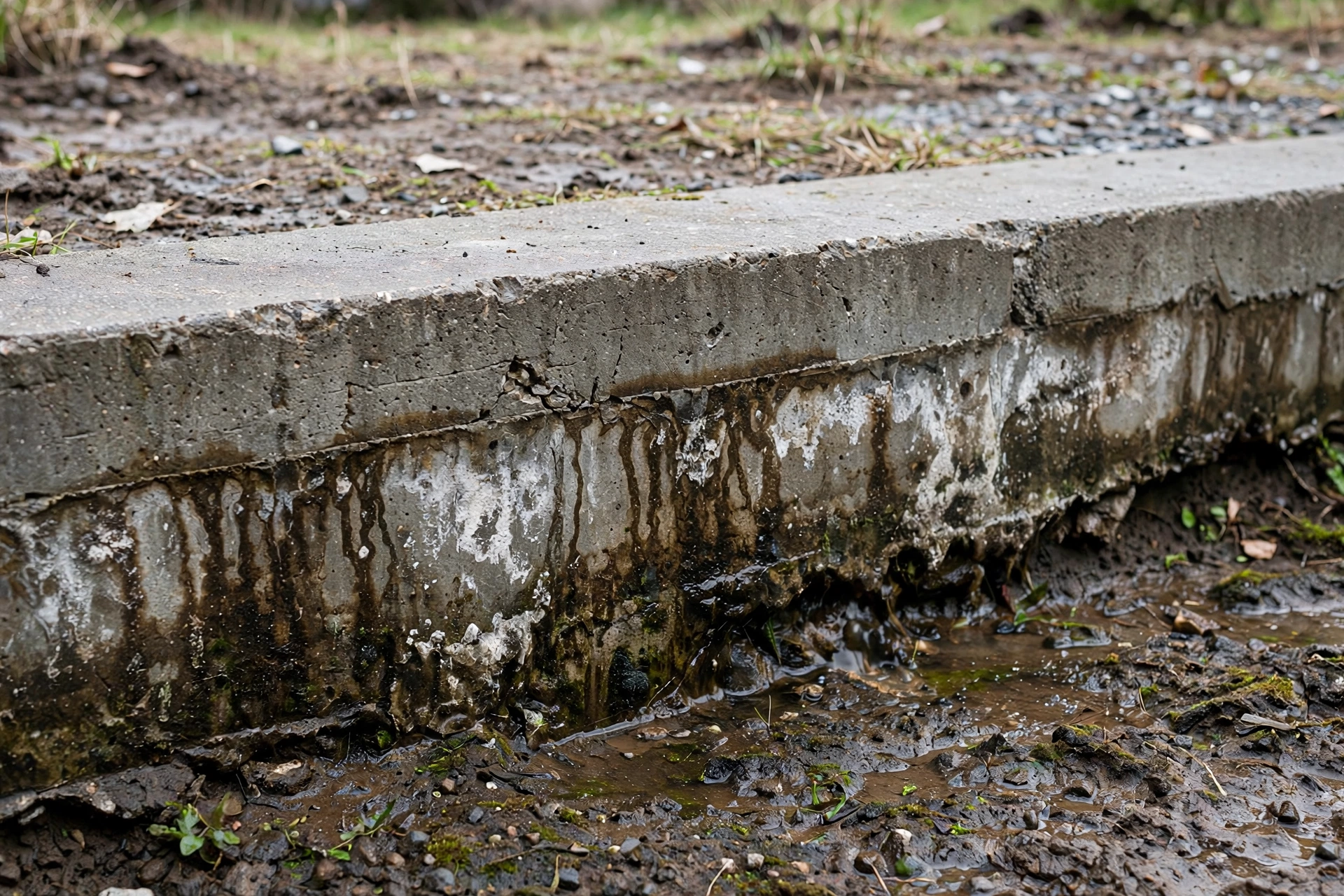Concrete slab foundation edge with water staining from a slab leak