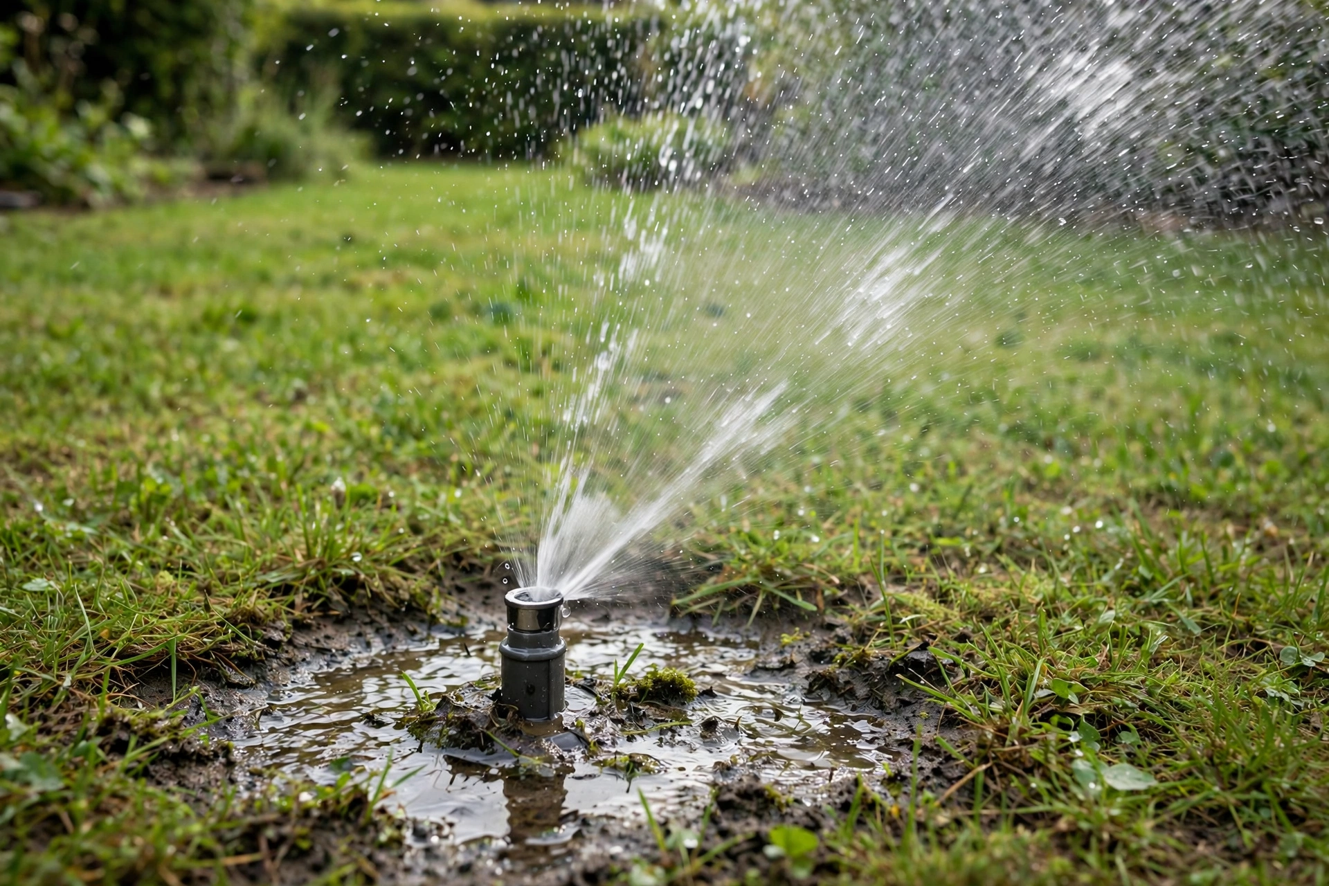 Pop-up lawn sprinkler with a leak puddle around its base