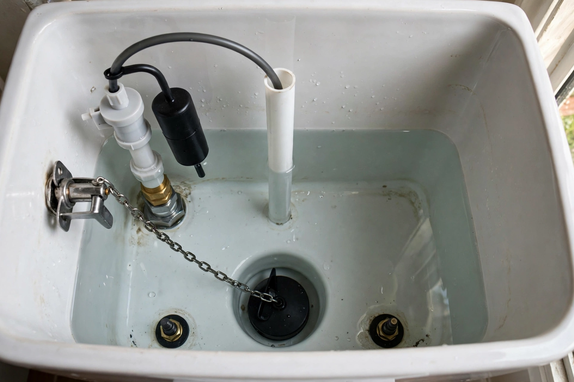 Toilet tank with lid removed showing fill valve and flapper